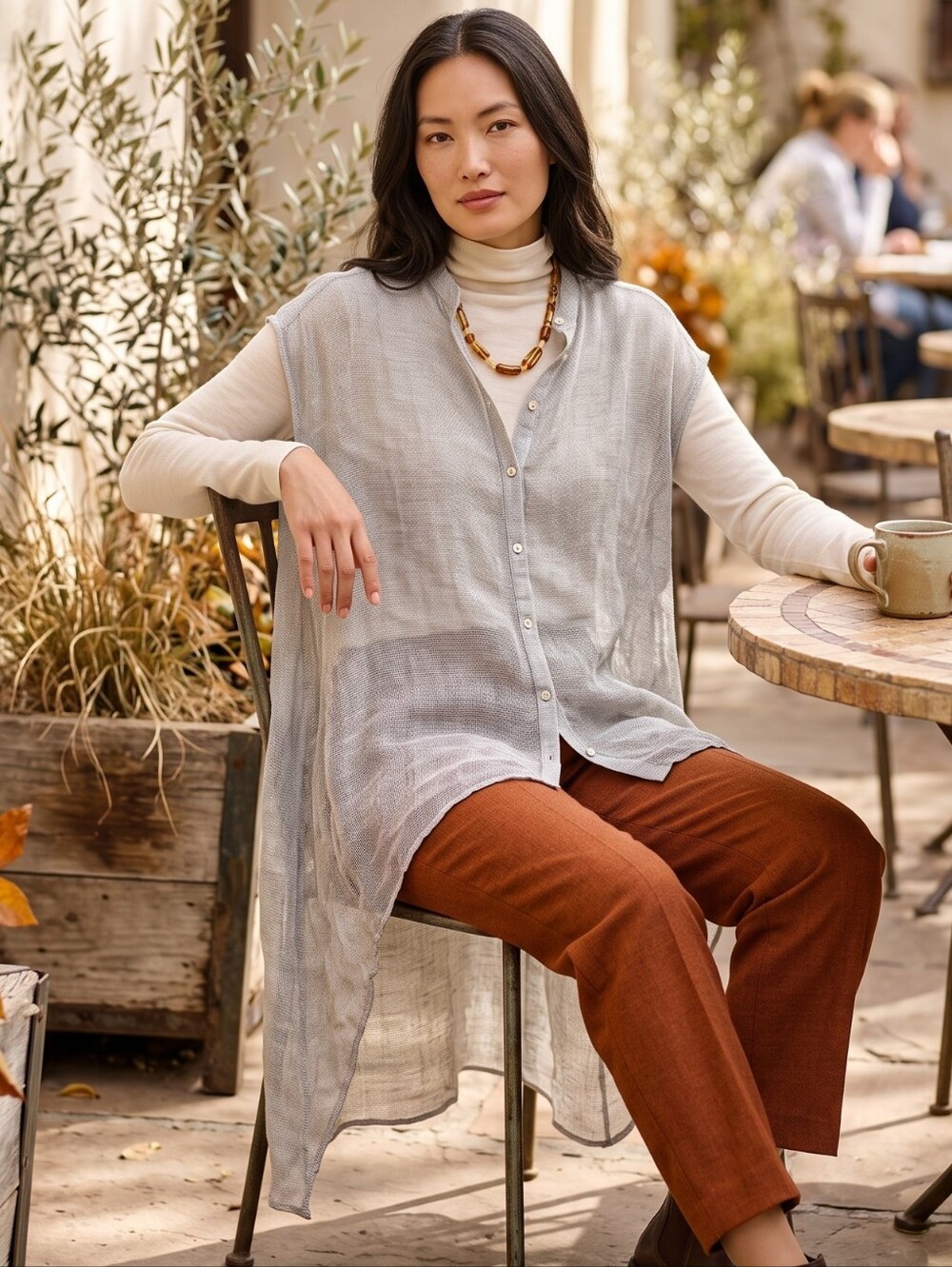 Eileen Fisher Linen Mesh Knit Platinum Tunic Top Quiet Luxury Lagenlook NWT